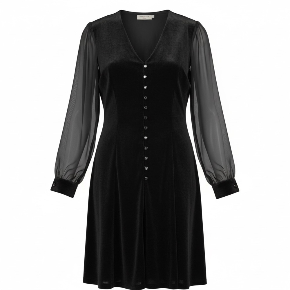 NWT 90’s vintage Retro Hampton Nites black velvet dress with sheer long sleeves